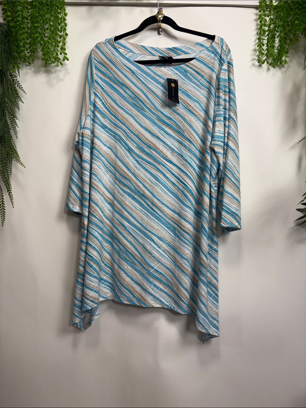 JM Collection Diagonal Stripe Tunic in Blue and Cream
